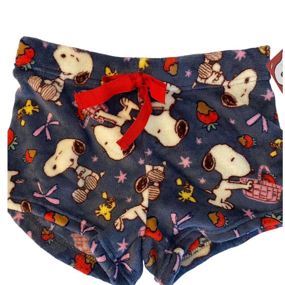 Peanuts Pajama Shorts Womens M Blue Snoopy Woodstock Plush Fleece Lounge Sleep